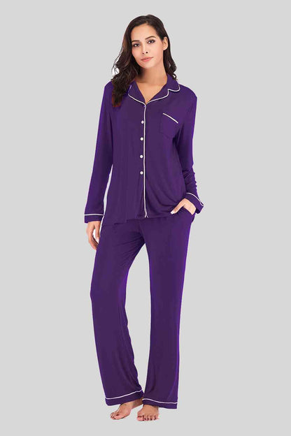 Collared Neck Long Sleeve Loungewear Set with Pockets Violet / S