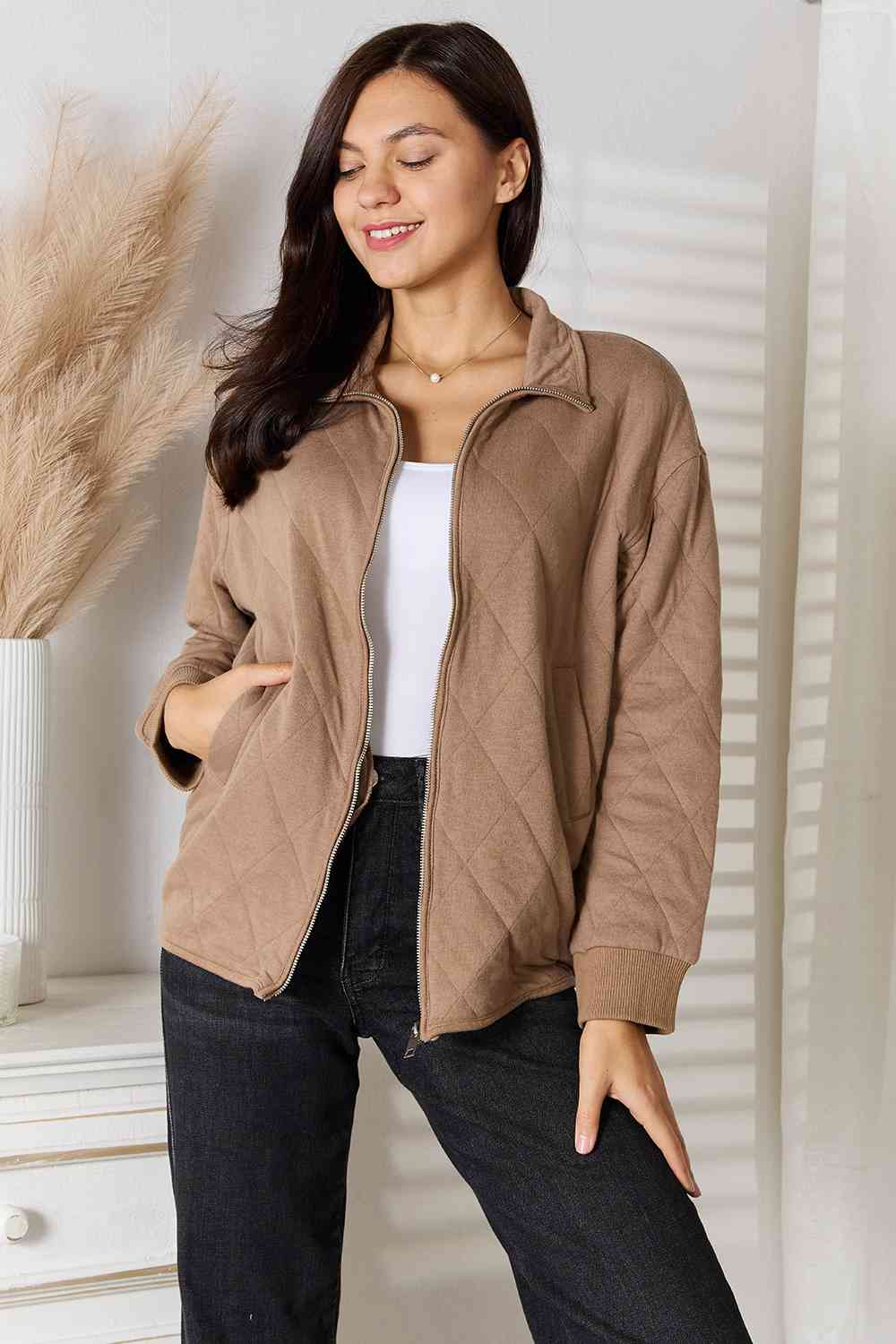 Heimish Full Size Zip-Up Jacket with Pockets Mocha / S