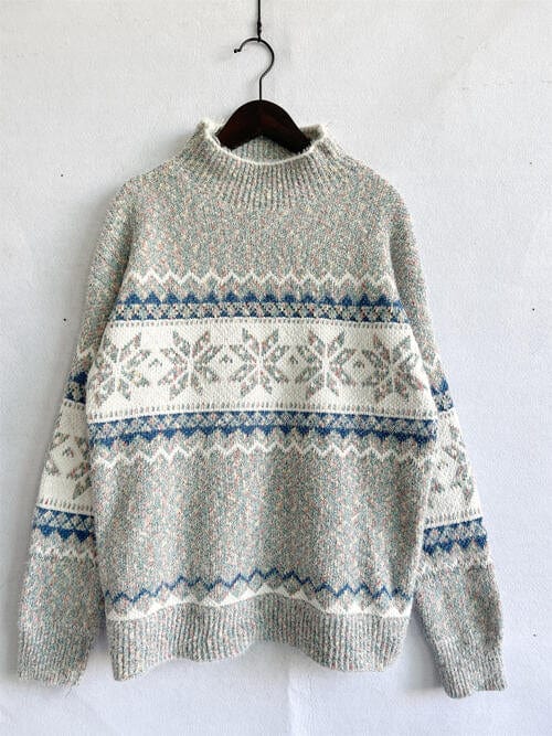 Geometric Snowflake Mock Neck Dropped Shoulder Sweater