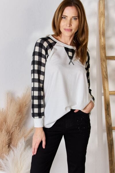 Hailey & Co Full Size Plaid Raglan Sleeve Round Neck Top GREY / S