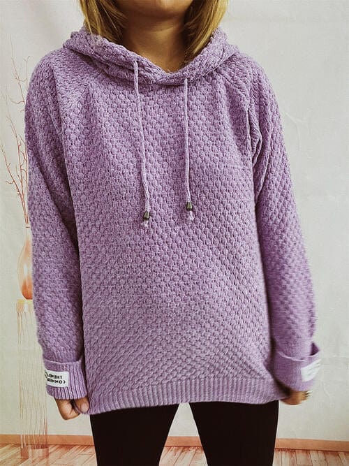 Drawstring Long Sleeve  Hooded Sweater Lavender / One Size