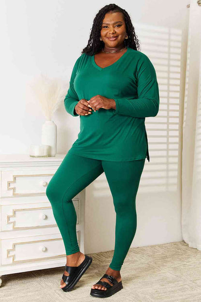 Zenana Lazy Days Green Long Sleeve Top and Leggings Set