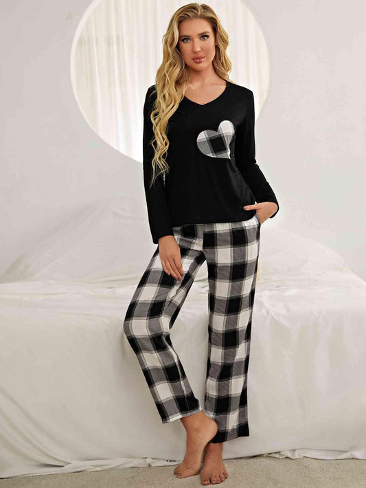 Plaid Heart Top and Pants Lounge Set Black/White / S