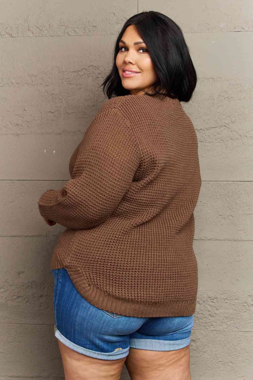 Zenana Breezy Days Chestnut Plus Size High Low Waffle Knit Sweater