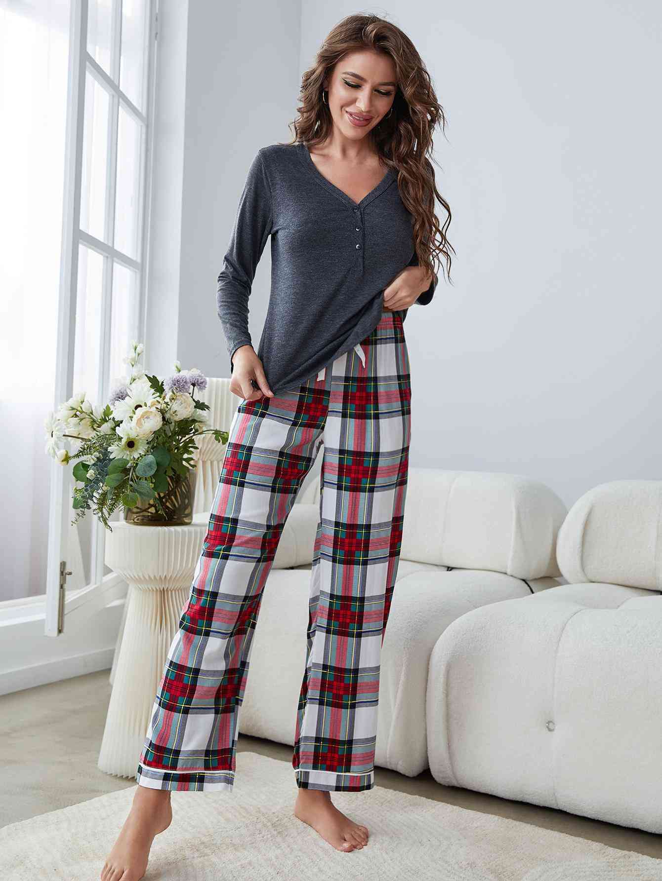 Henley Long Sleeve Top and Plaid Pants Lounge Set