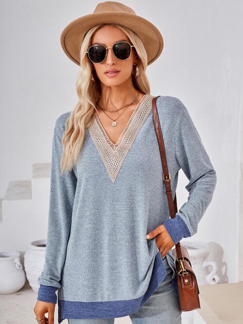 Crochet V-Neck Long Sleeve Slit Top