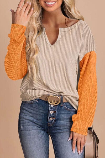 Contrast Notched Long Sleeve Blouse Dust Storm / S