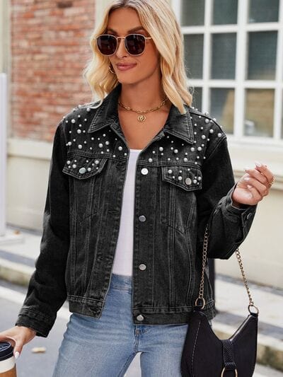 Pearl Detail Collared Neck Long Sleeve Denim Jacket Black / S