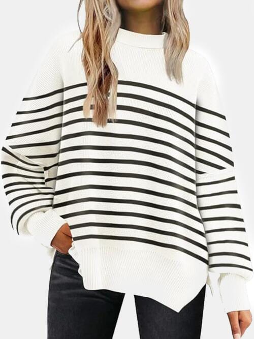 Round Neck Drop Shoulder Slit Sweater white stripes / S