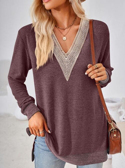 Crochet V-Neck Long Sleeve Slit Top Magenta / S