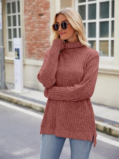 Ribbed Turtleneck Long Sleeve Slit Knit Top Brick Red / S